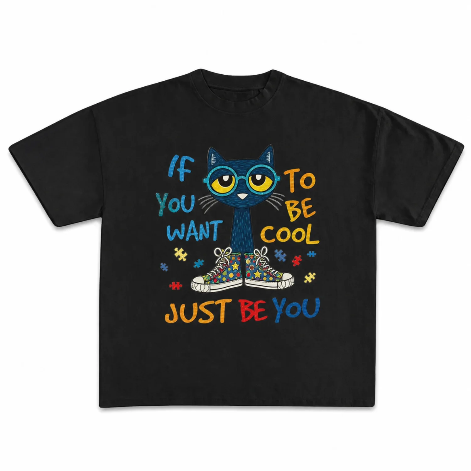 Charming Blue Cat Graphic Black Unisex T-Shirt with 