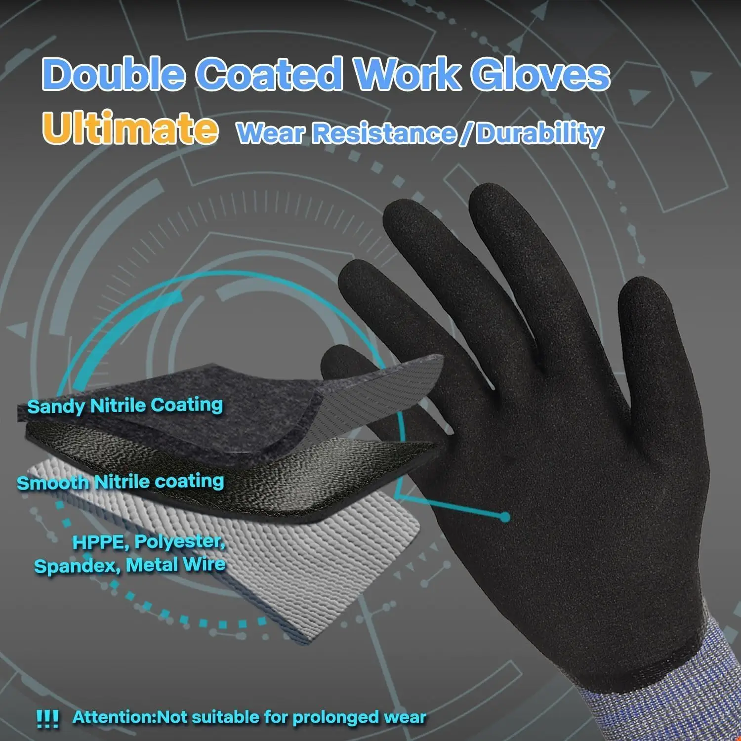 ANSI A9 Cut Resistant Gloves, 18 Gauge Double Dipped Nitrile, Waterproof & Oil Proof, Anti Slip, Touch Screen, Black, L - view 2