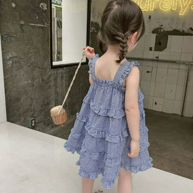 2026 New Summer Toddler Girls Plaid Sleeveless Tiered Cami Dress Children Layered Cake Skirt Daily Casual Clothing