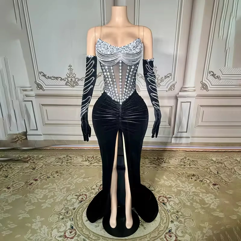 

Graduation adult ceremony evening Diamond Dresses Women Lady Elegant Prom Long Sleeveless Luxury Custom Rhinestone Clothing