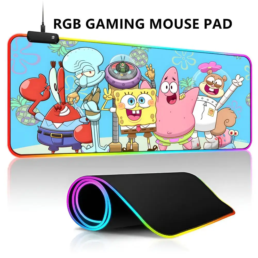 cartoon S-SpongeBob Cute RGB LED Light Gaming Mousepad Waterproof Large Gamer Mouse Carpet Big Mause Keyboard Pad PC Desk Play M