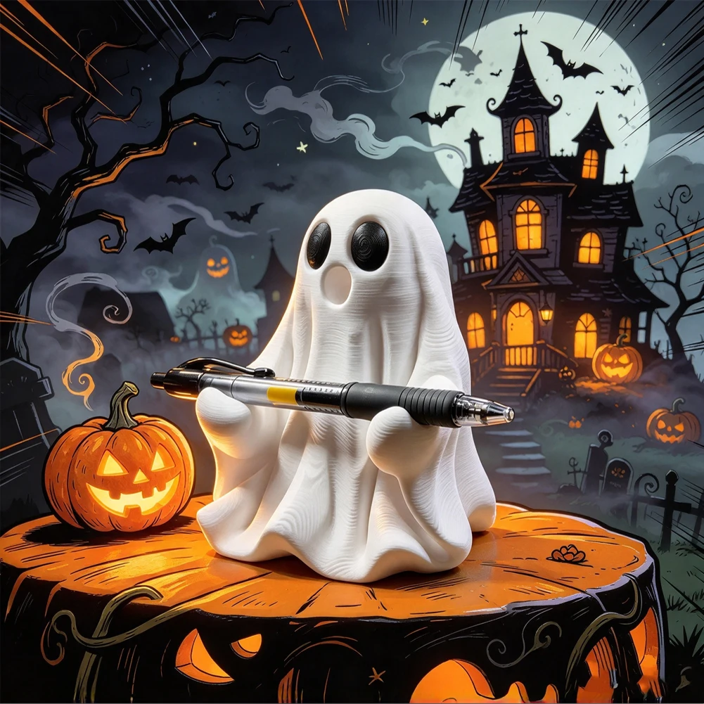 Cute Spooky Ghost Pen Holder 3D Printed Specter Pencil Racks Halloween Desk Storage Ornament Creative Office Stationery Decor