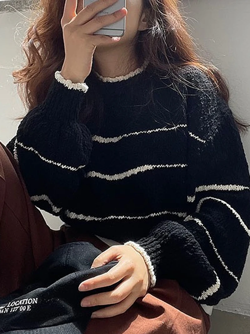 

Chic Lazy Sle round Ne Striped Color Blo Knitted Sweater Women's Autumn Winter New Faion Personali Splicing Knitwear