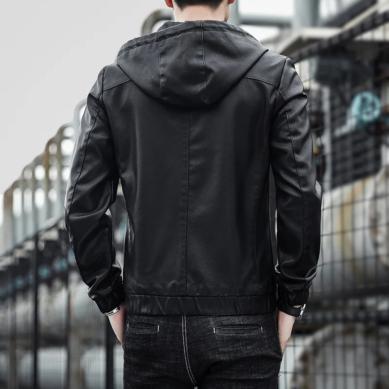 2025 New Arrival Hooded PU Leather Jacket for Men, Autumn/Winter, Light Business Casual, Square Neck  Men Jacket