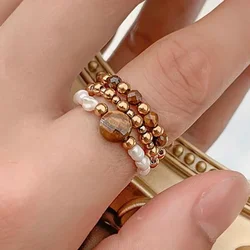 Handmade Natural Stone Ring For Women Tigereye Jewelry Bohemian Freshwater Pearl Wedding Statement Rings Wholesale