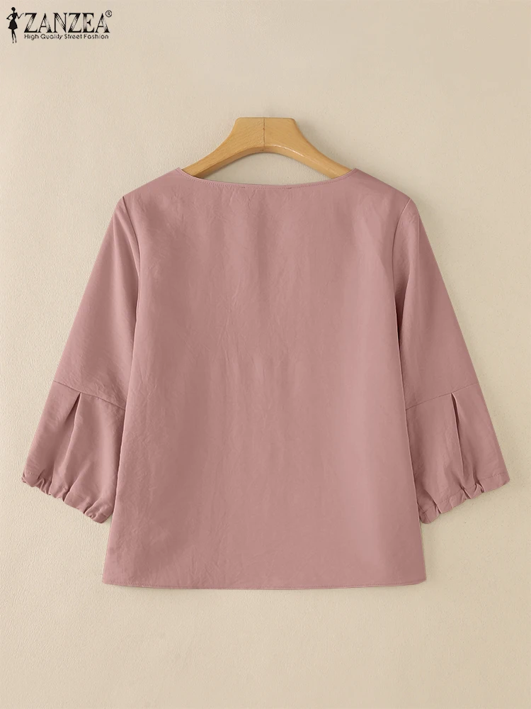 ZANZEA Women Blouse Casual Loose Patchwork Shirts 2025 Summer 3/4 Lantern Sleeve Tops Solid Color Blusas V-neck Fashion Pullover