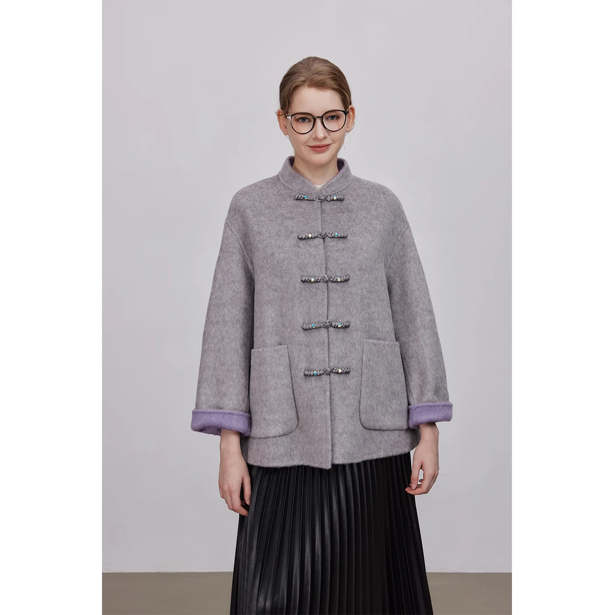 

ASSEUU ey Chinese Sle Button Double Face Woolen Color Blo Design Coat Long Sve Women's Winter Faion Outerwear