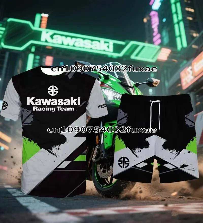

Новинка лета 2025 года, мотоциклетная мужская футболка Kawasaki + шорты, комплект с 3D принтом цветов, уличный велосипедный комплект, женский детский спортивный комплект