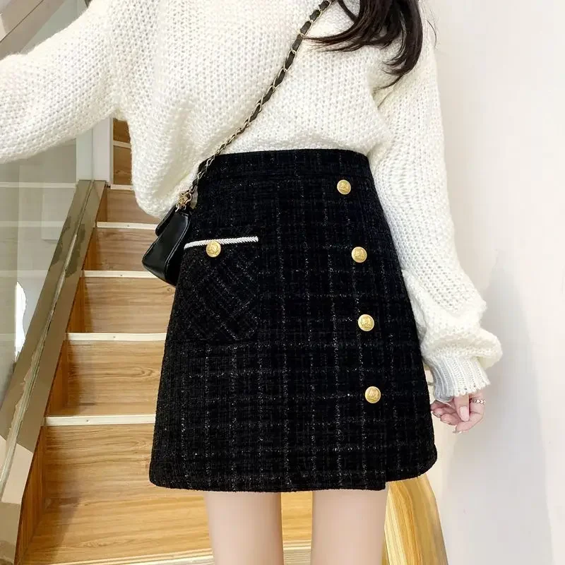 New Fashion Woolen Mini Skirt Women Elegant Plaid Printed High Waist Gold Button A-Line Casual Skirts Office Lady Clothing