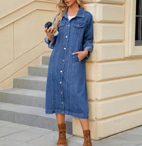 

2025 Elegant Women's New Washed Cardigan Long Denim Jacket Windbreaker Female Clothing