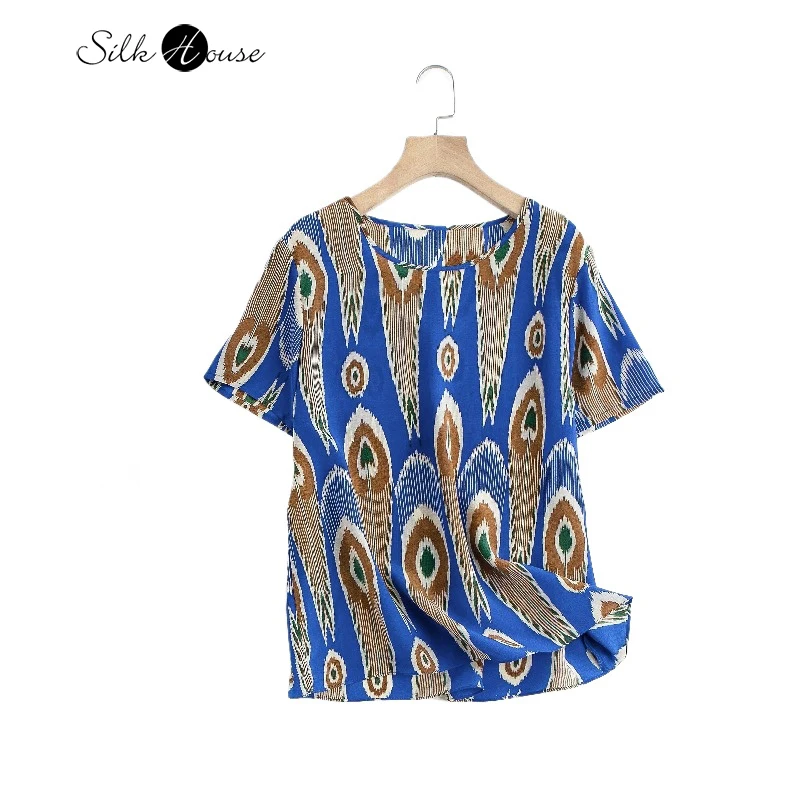 

Women's Clothing 100% Natural Mulberry Silk Double Crepe Round Neck Short Sleeved Non Positioning Printed T-shirt