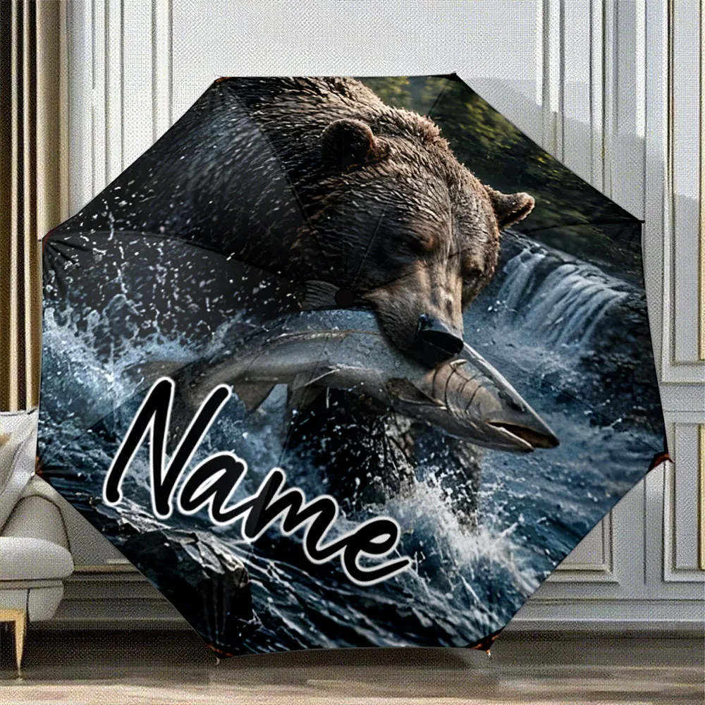 Custom Name Umbrella Brown Bear Catching Salmon in Rushing Stream 8 Iron Ribs Folding Umbrella Auto-Open Fashion Sunshade