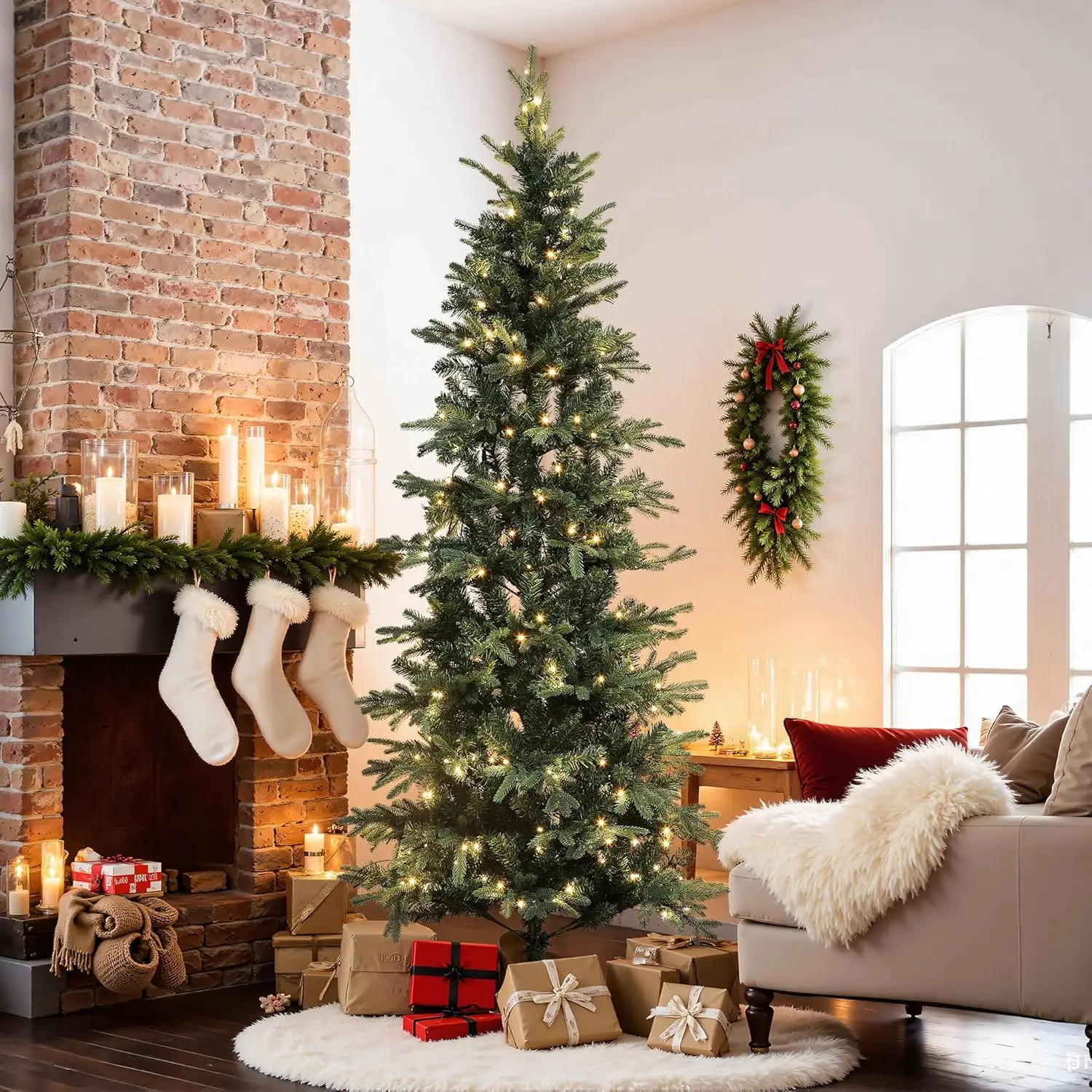 

LuxenHome 7ft Slim Artificial Christmas Tree, Prelit Pencil Christmas Tree with 250 Warm White Lights and 1398 PVC Branc