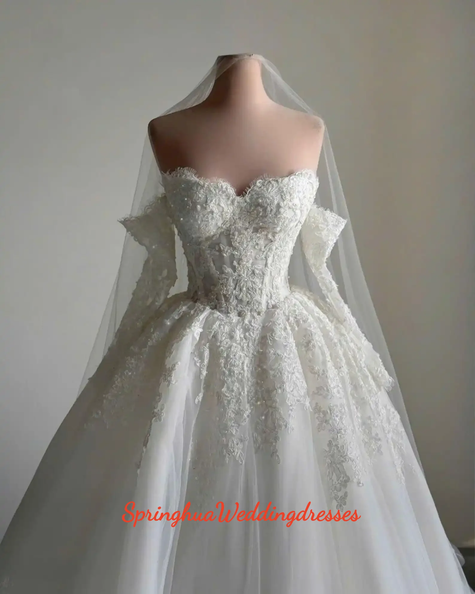 Customzied New Ivory Princess Wedding Dress Off Shoulder Long Sleeve A-line Lace Bride Dress Sweetheart Backless Ball Dress