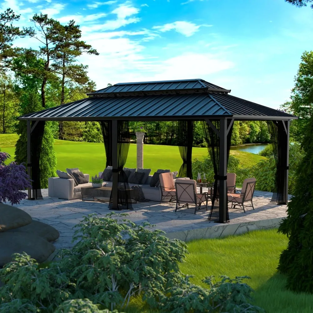

12x20 FT Double Roof Hardtop Gazebo for Patio, Permanent Outdoor Pavilion with Curtain and Netting, Aluminum Gazebo