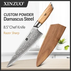 XINZUO 8.5'' Inch Chef Knife High Carbon 62-64 HRC Power Damascus Steel Professional Kitchen Knives Meat Tools with Olive Handle