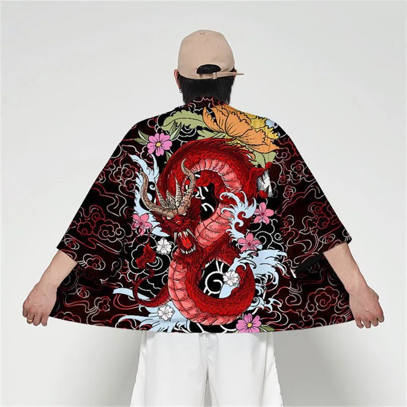 Men Women Cardigan Chinese Dragon Traditional Japanese Clothing Asian Clothes Samurai Crane Japanese Style Kimono Haori Coat