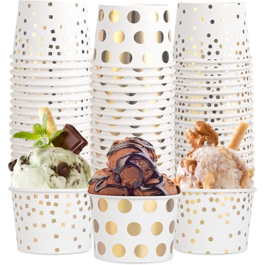 

60 шт. золотые десертные стаканчики, 9 унций, одноразовые бумажные стаканчики для мороженого, контейнер для горячей или холодной еды, идеально подходит для дня рождения, Рождественской части