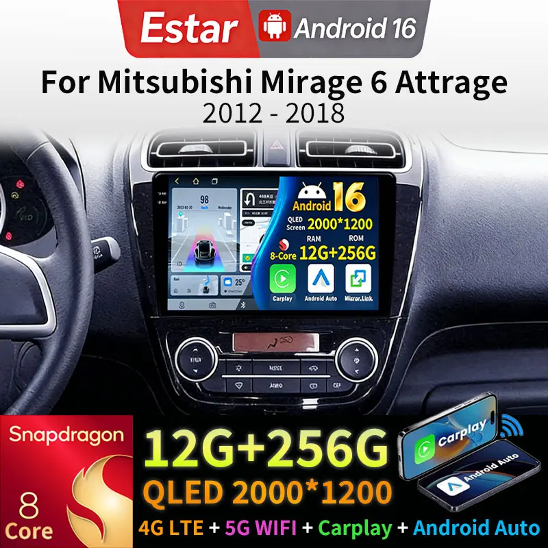 Android 16 Carplay For Mitsubishi Mirage 6 Attrage 2012 2013 2014 2015 2016 2018 Auto RDS 5G WIFI Multimedia 360 Camera Navi GPS