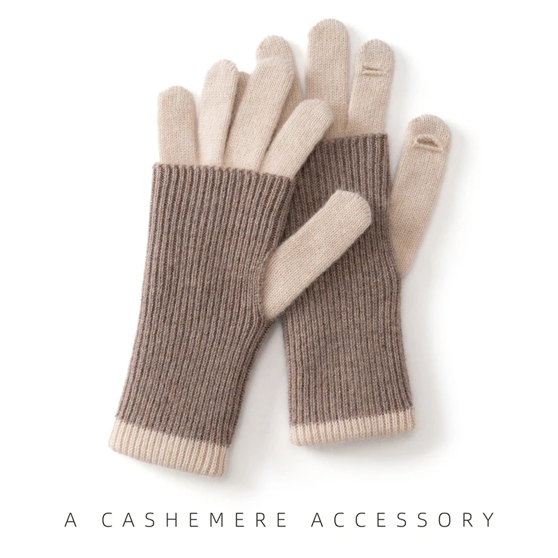 quality cashmere touch screen gloves men's women's autumn winter knitted five finger gloves fashion Korean color blocked gloves.