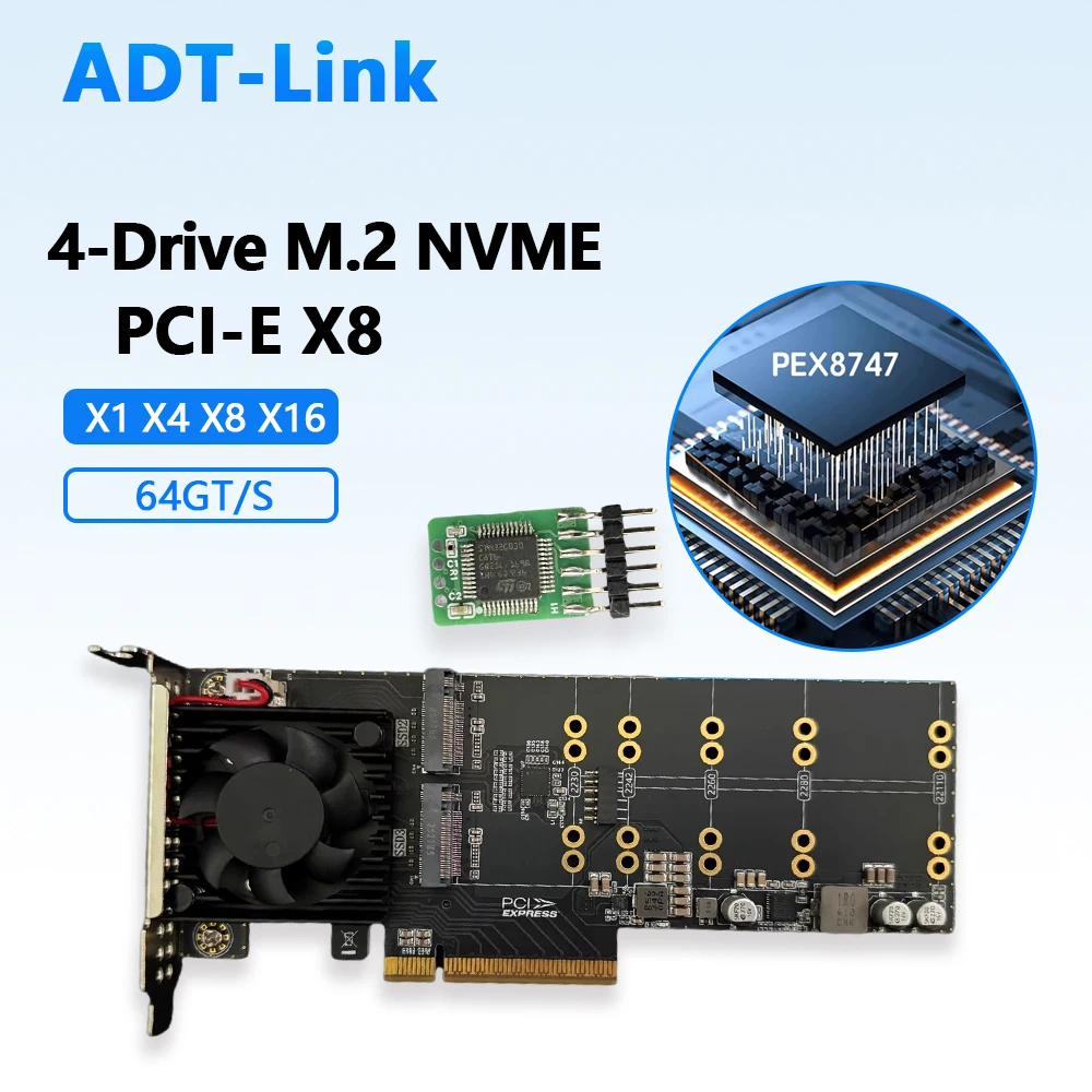 

Four 4 Bay M.2 Nvme Expansion Adapter Card SSD Support PCIe X1 X4 X8 X16 with Fan PLX8747 Pcie 3.0 X8 Plug Play +Brackets 64GT/S