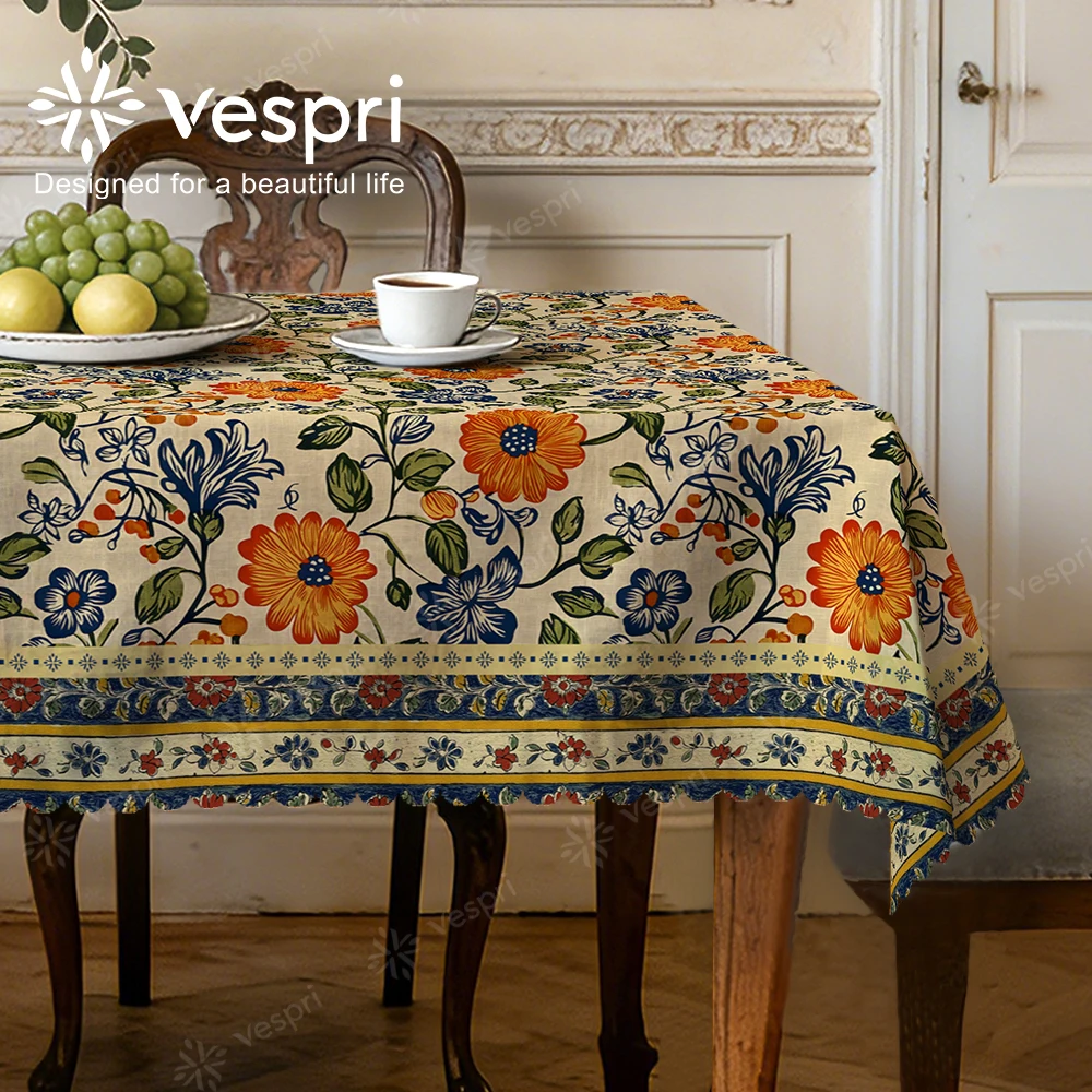 Vespri Spring Tablecloth Floral Pastel Easter Yellow White Polyester Flower Leaf Border for Restaurants Parties