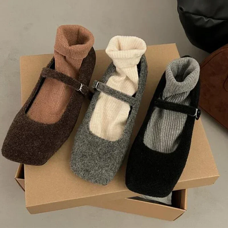 2023 Fur Flats Ballet Dance Shoes Casual Short Plush Boots Fashion New Shallow Square Toe Zapatos Dress Walking Designer Shoes