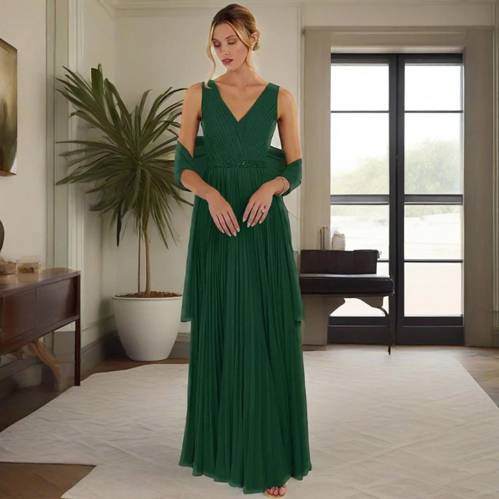 

Exquisite Sleeveless Mother of Bride Dresses for Women 2025 Summer Scoop Floor Length Green Chiffon Wedding Party Dresses New