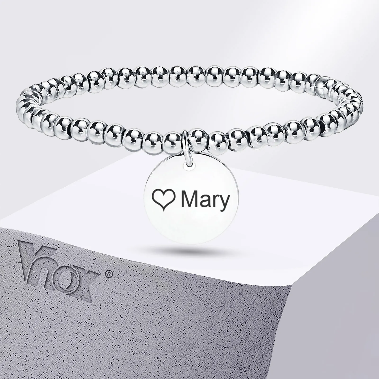 Vnox Free Engrave Name Coin Charm Bracelets,Stainless Steel Elastic Beads Bracelet for Women Men,Custom Pet Portrait Bracelets