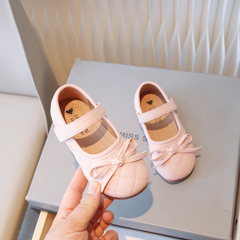 

2023 New Simple Sewing Fashion Kids Casual Shoes Round-toe Solid Color Hook & Loop Bow Platform Children Leather Shoes