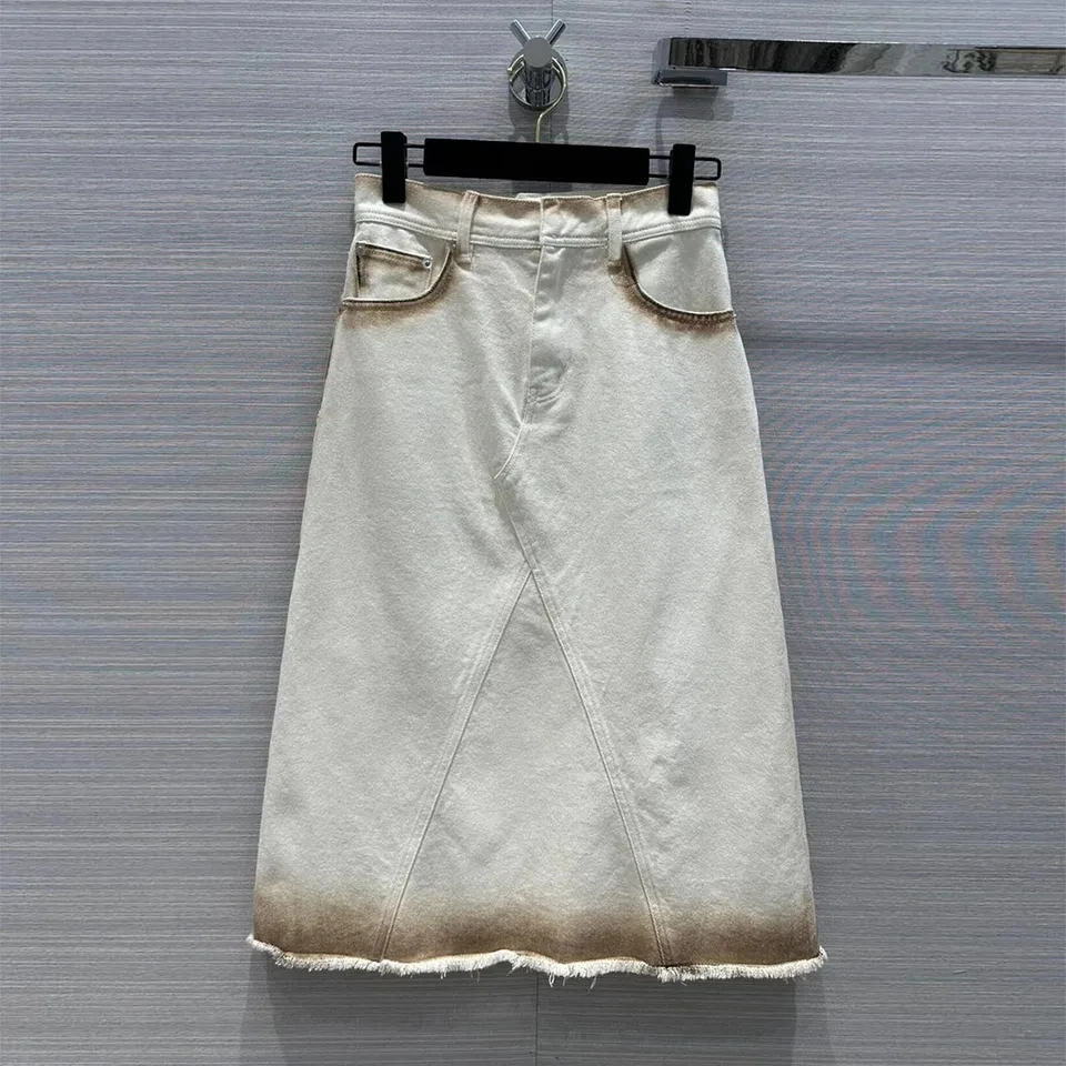 

2024 Fashion Tie Dyeing Gradient Washing Beige Color Denim A-line Long Skirts Womens High Waist Pockets Patchwork Vintage Skirt