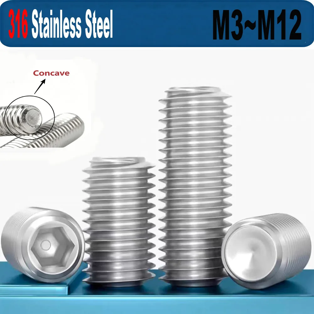 M3-M12 Headless Hex Socket Set Screws - 316 Stainless Steel Concave End Fasteners for Mechanical Engineering