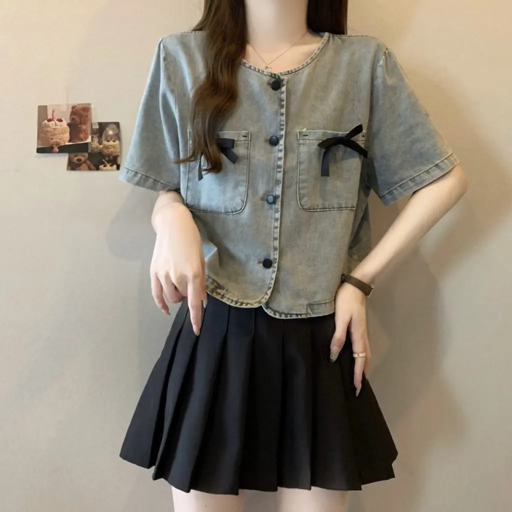 Women's French Bow Short Sleeve Denim Shirt Spring Autumn Fashion Trend Design Top
