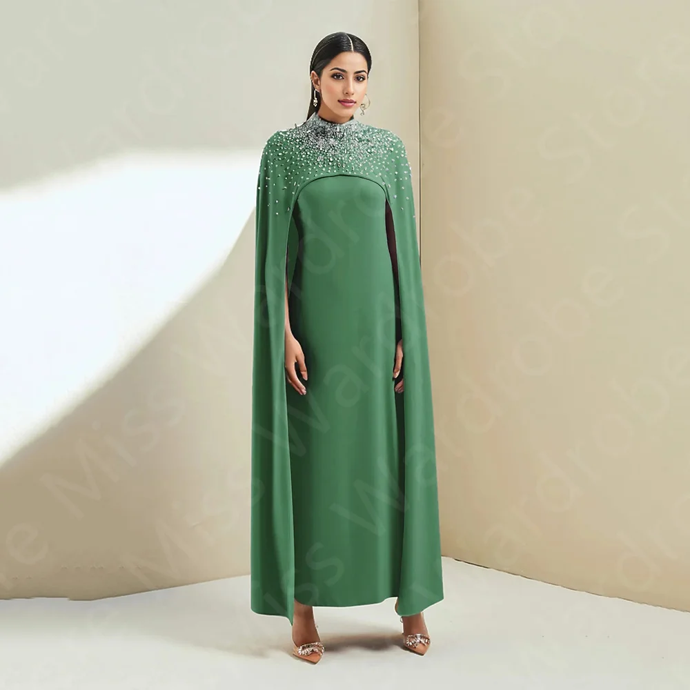 

Customized Classic Green Mother Dresses Arabic Mother of the Bride Gowns with Cape High Neck Wedding Guest Dresses 2024 Beaded