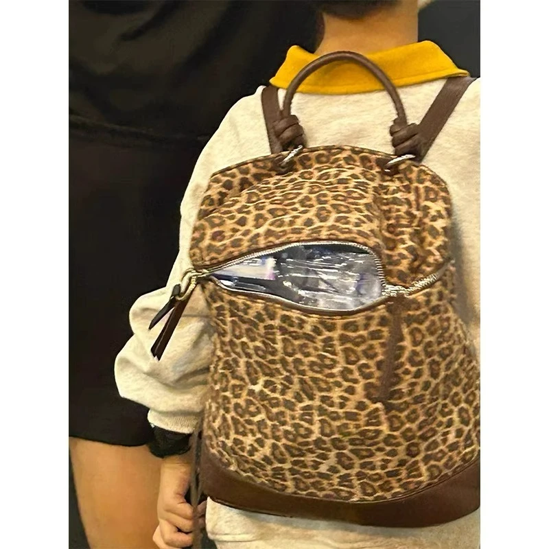 

Korean Niche Design Fashion Leopard Print Backpacks 2025 New Commuting Versatile Large Capacity Canvas Backpack