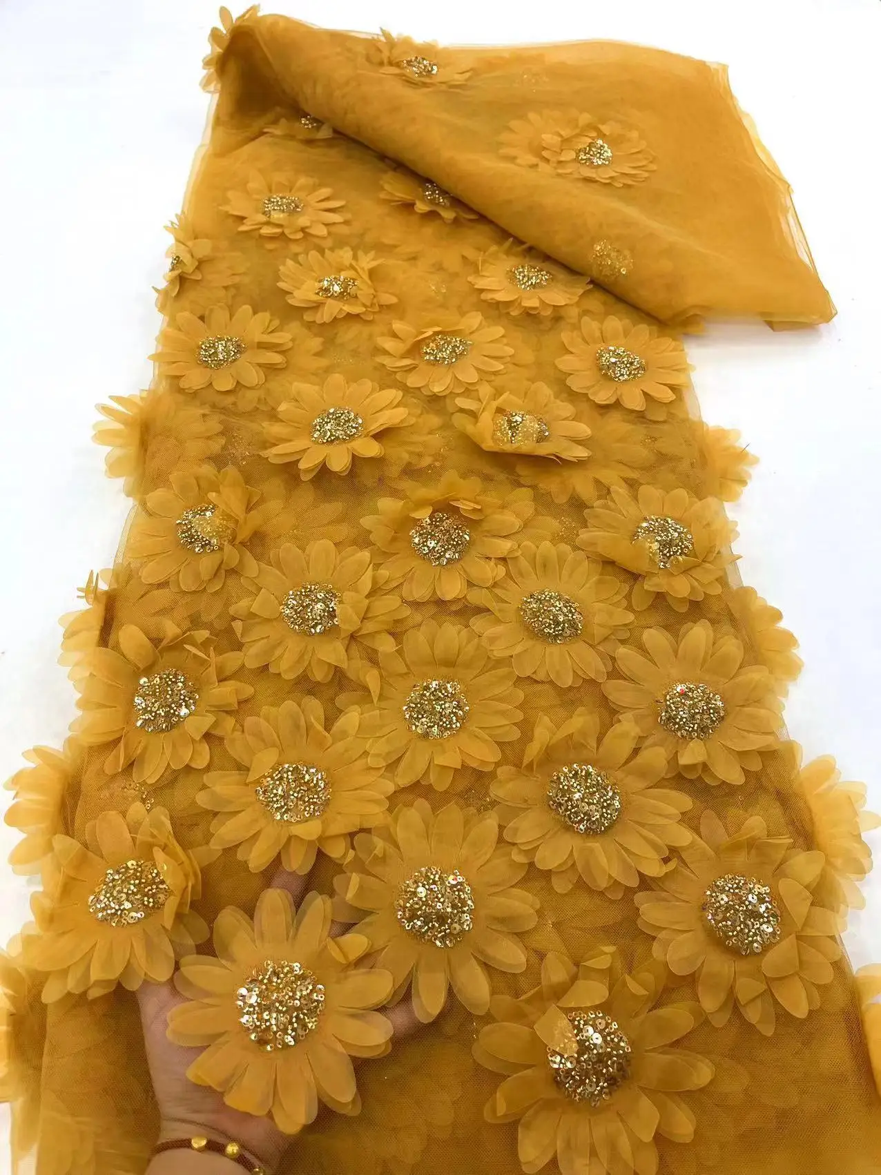 

Yellow Elegant African Lace Fabric 2023 High Quality Embroidery 3d French Nigerian Lace Fabric 5 Yard for Wedding Party Dress