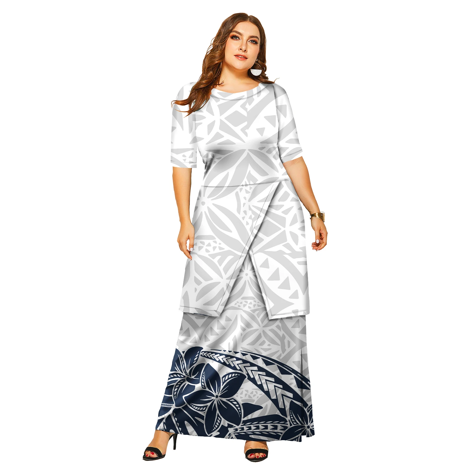 Women's Dress Design Hawaiian Tropical Style Short Sleeve Puletasi Samoan Dress 2 Piece Set Island Dress
