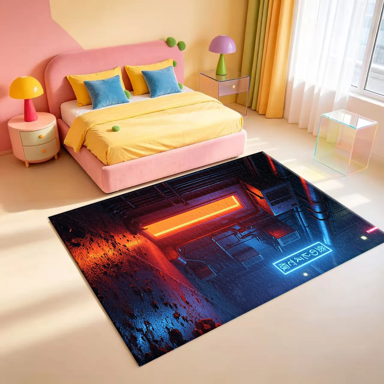 Cyberpunk Neon Underground Alley Sci-Fi Street Scene Carpet Flooring Futuristic Art Area Rug For Home Indoor Floor Decor