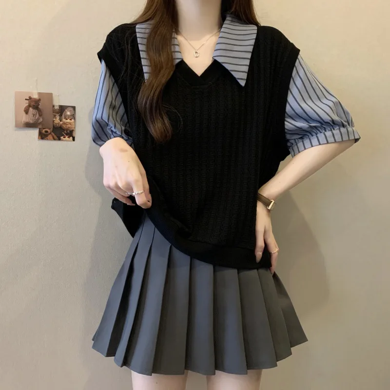 Fake two-piece blouse plus size women's summer new design sense blue striped shirt splicing short-sleeved sweater