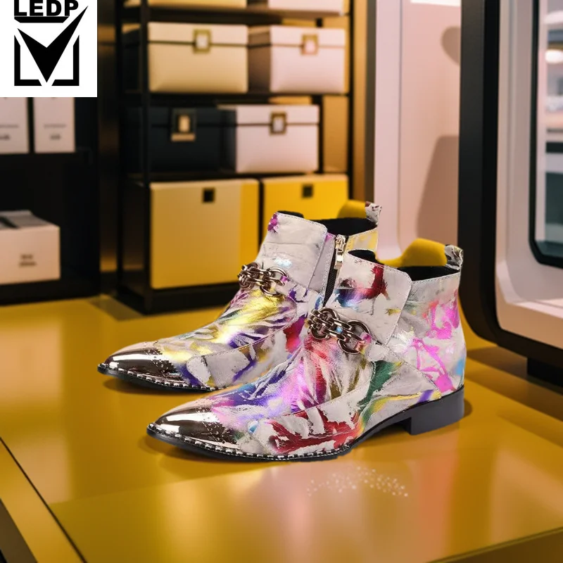

Spring Autumn Man Metal Spike Printing Luxurious Gentleman COW LEATHER Leather Ankle Boots Safety Shoes Chelsea Men's Boots