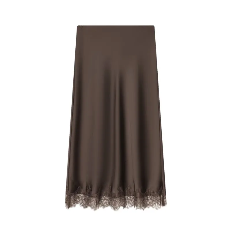Falda media con decoración de encaje y textura de seda para mujer, falda Midi elegante de cintura alta, faldas de moda con cintura elástica para otoño