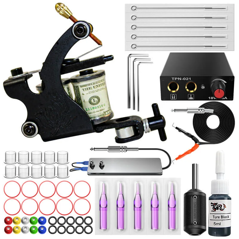 

Mini Black Tattoo Machine Dollar Coil Machine Set Beginner Tattoo Teaching Kit Hook Line Foot Power Supply