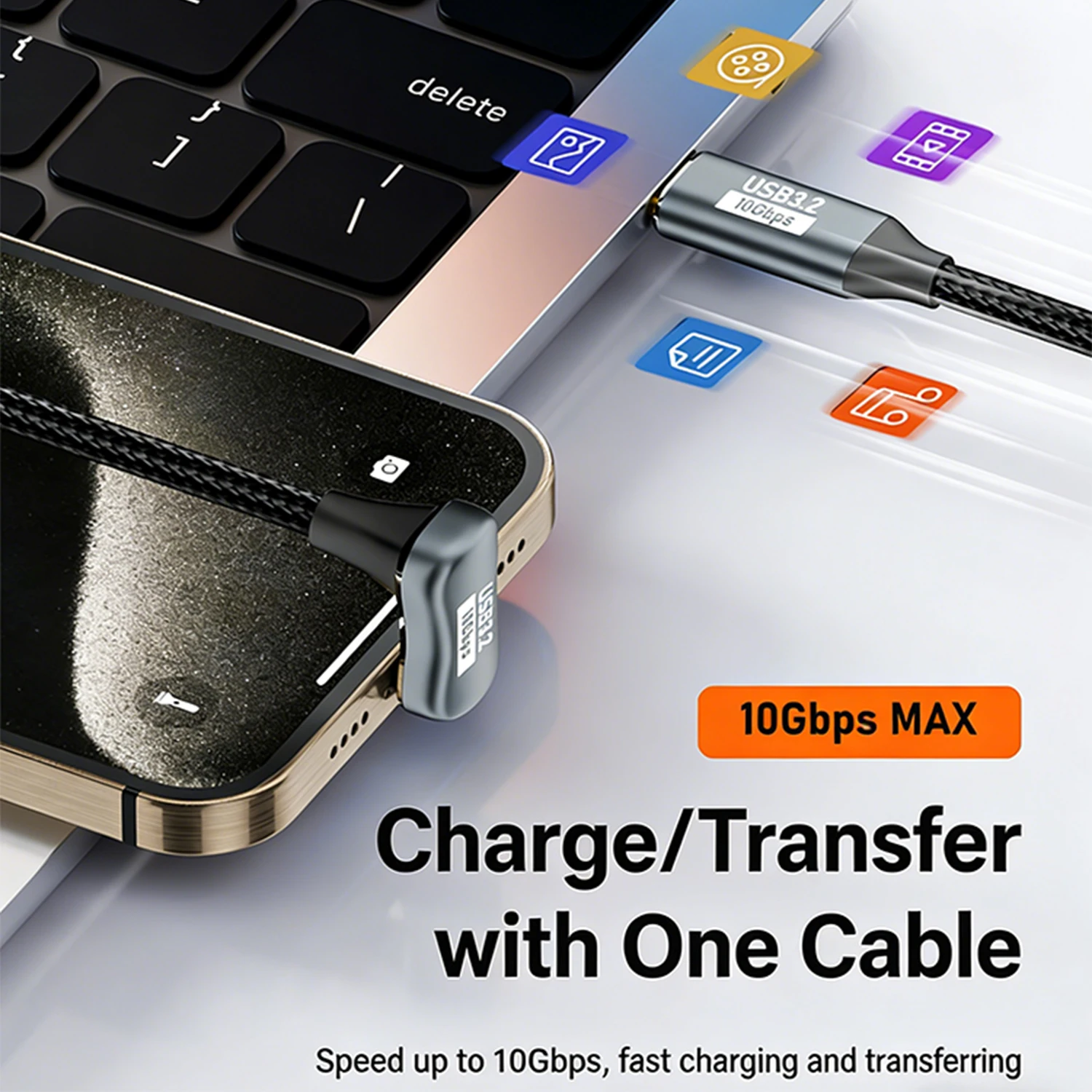 Type C to USB C USB 3.2 10Gbps 4K 60Hz Data Transfer PD 100W Fast Charging Angled U Shape Nylon Braided Cable Video Monitor
