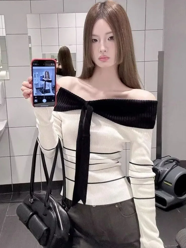 Knitted Sweater Women Contrast Color Striped Long Sleeve Slim Off Shoulder Pullover Female Vintage Casual Cropped Jumper