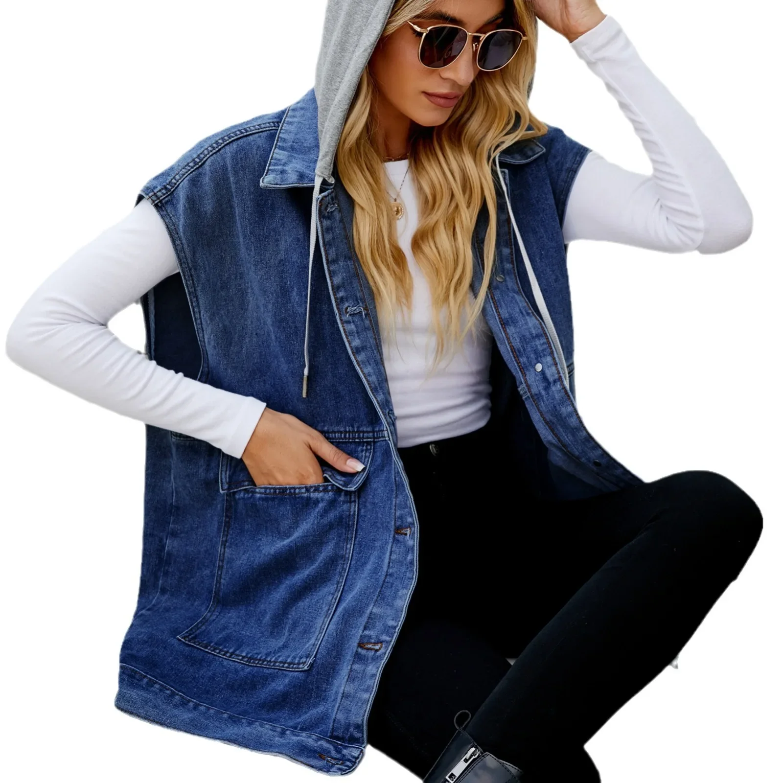 Street New Solid Color Loose Lapel Denim Waistcoat, Women's Spring and Summer Casual Hooded Cowboy Vest Jacket with Big Pocket