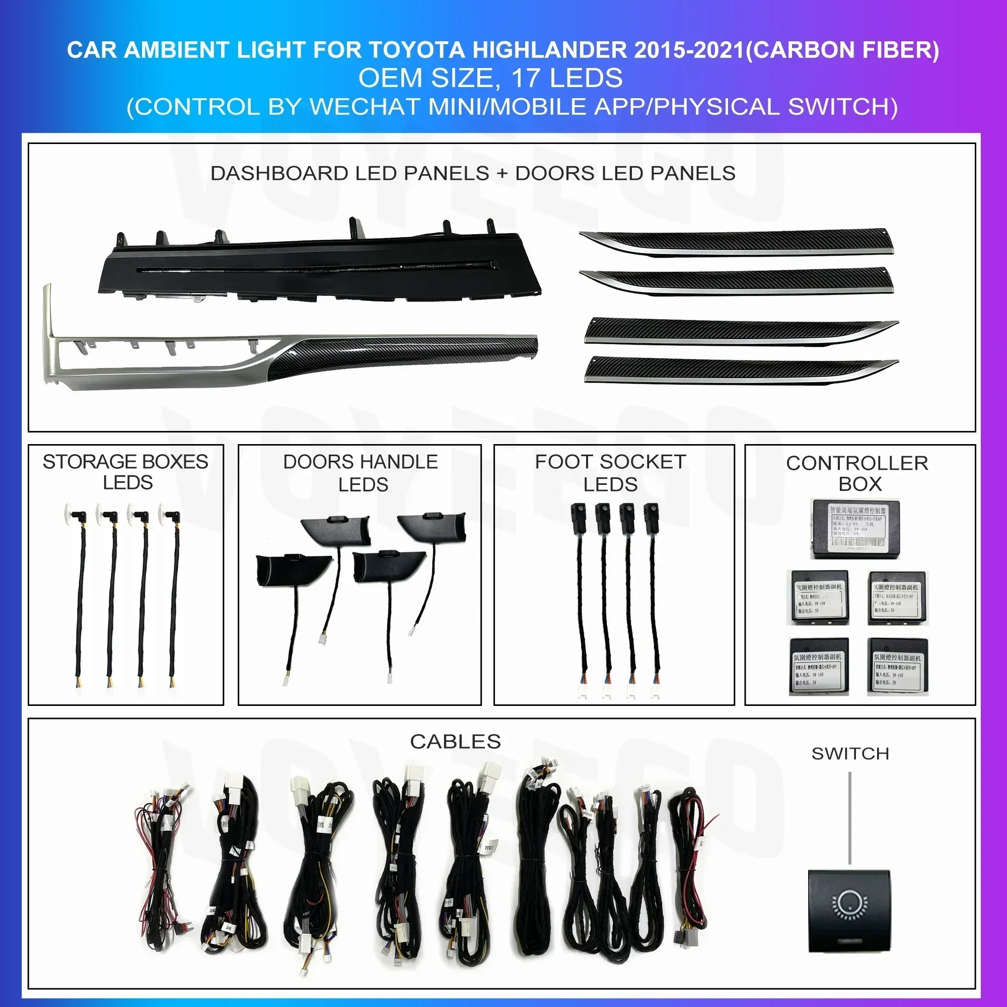 2025 Hot Sell  Car Upgrade Interior Car Accessories Lights Ambient Light for Toyota Highlande R Carbon Fiber Pattern
