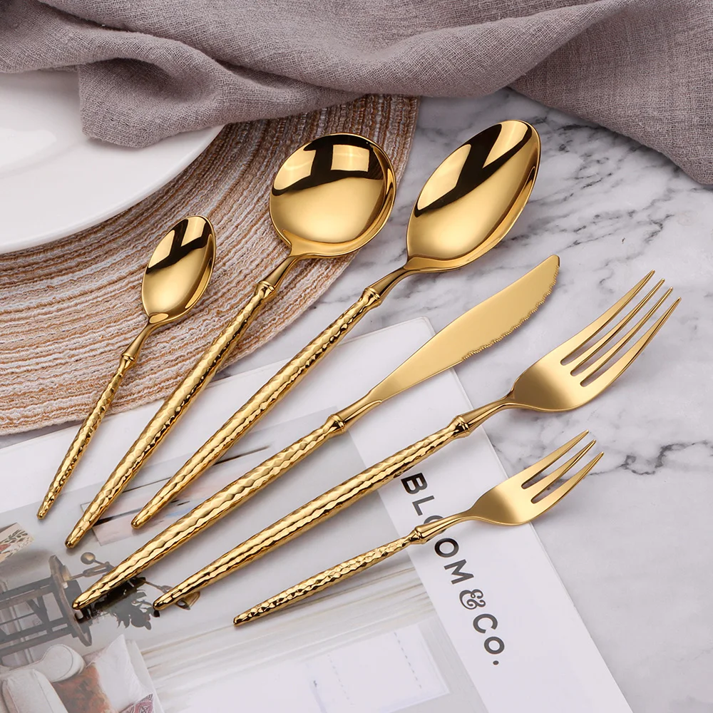 6/16/20/24Pcs Gold Cutlery Set Stainless Steel 304 Tableware Mirror Knife Fork Spoon Western Hammer Pattern Handle Dinner Set