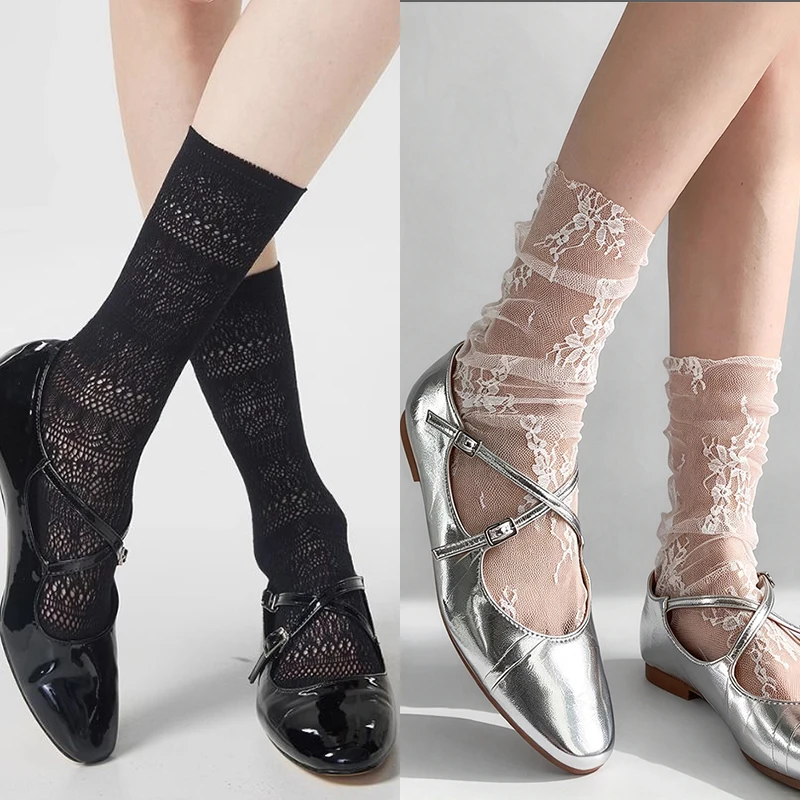 3 Types Women Socks Breathable Transparent Floral Lace Socks Sweet Mesh Hollowed Out Socks Cute Flower 3D Textured Socking