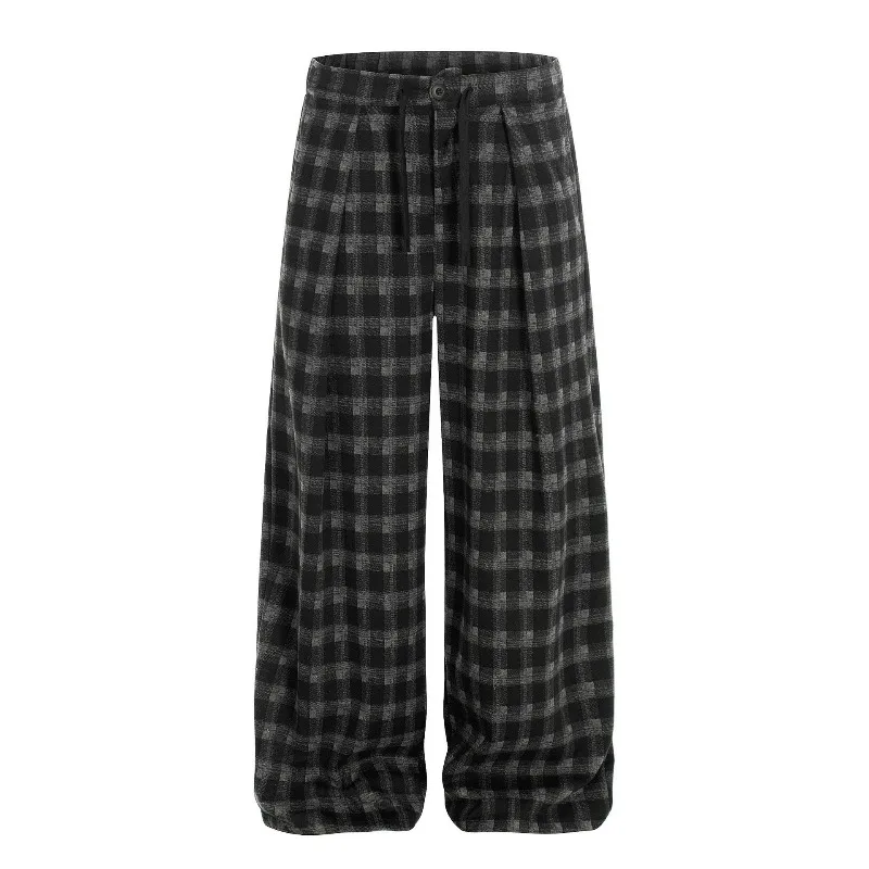 KIDWHXR Spring Men Wide Leg Pant American Retro Plaid Pleated Casual Male Trousers Streetwear Comfortable Man Full Length Pant