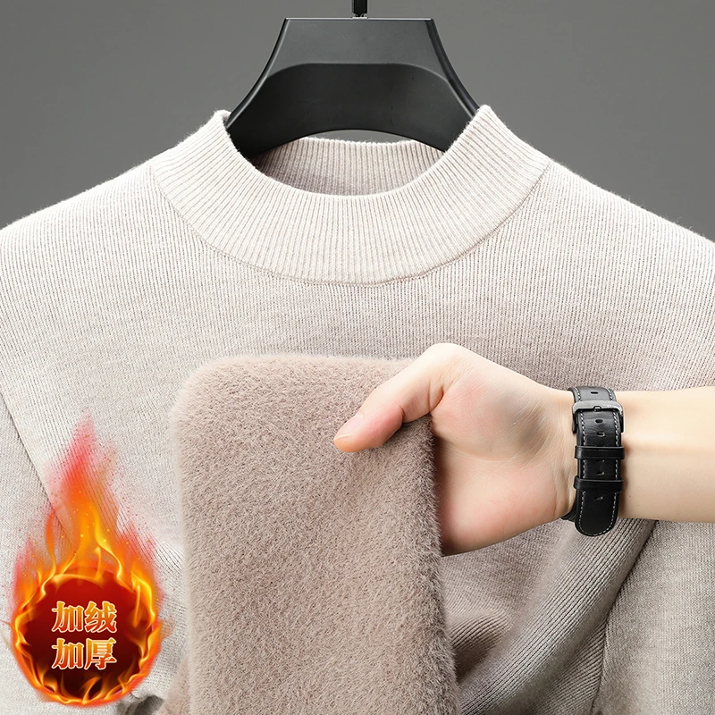 سترة رجالية شبه عالية الرقبة مع مخمل سميك للدفء، سترة شتوية من قطعة واحدة مخملية بلون سادة وأكمام طويلة